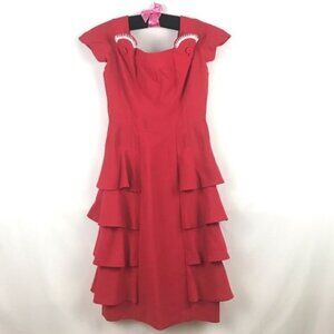 Vintage Handmade Red Pinup Tiered Ruffled Party Dress Beaded Accents Sz Medium